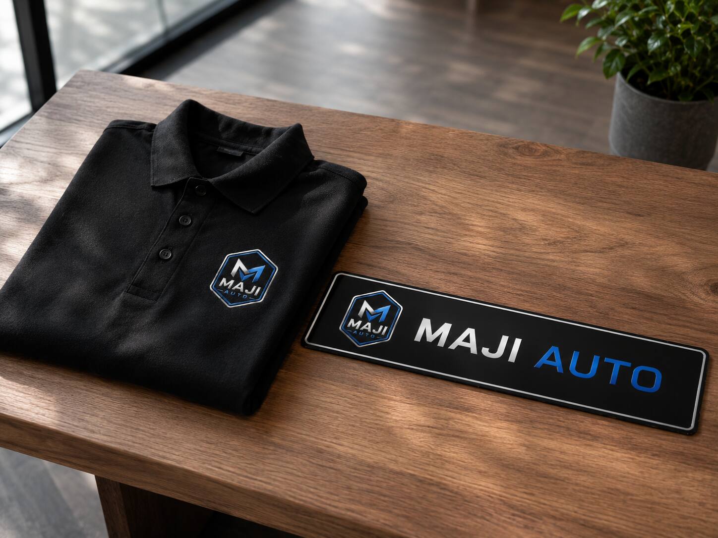 Polo MaJi Auto et plaque officielle posés sur une table en bois